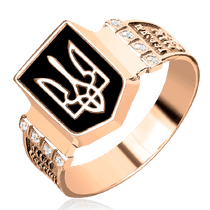 обзорное фото Золотой мужской перстень Тризуб с чёрной эмалью 039346 Золотые печатки и кольца для мужчин обзорное фото Золотой мужской перстень Тризуб с чёрной эмалью 039346  Золотые печатки и кольца для мужчин