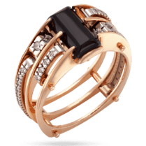 обзорное фото Женское кольцо в комбинированном золоте с черным агатом и белыми фианитами 039482  Золотые кольца с агатом