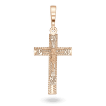 обзорное фото Золотой крестик с Распятием, алмазной гравировкой, символикой и надписью "Спаси и Сохрани" 040771  Золотые крестики православные