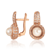 обзорное фото Серьги золотые з жемчугом и россыпью фианитов Наоми 033437  Золотые серьги