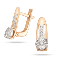 оглядове фото Золоті сережки з квіткою і великим діамантом всередині і доріжкою з маленьких діамантів 040304