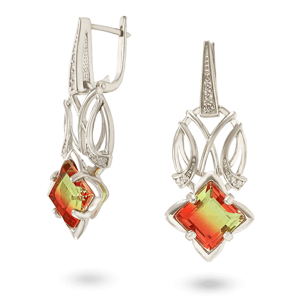 Серебряные ажурные серьги с квадратным зелено-красным фианитом на английской застежке 040815 детальное изображение ювелирного изделия Серебряные серьги с камнями