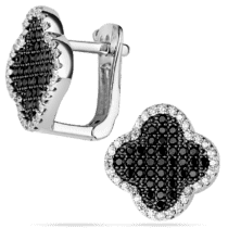 обзорное фото Серебряные серьги на английской застежке Клевер с черно - белыми фианитами 039413  Серебряные серьги с камнями