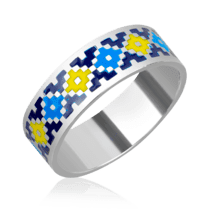 обзорное фото Серебряное кольцо Украинская Вышиванка жёлто-голубая, родированное серебро 925 пробы 037255  Серебряные кольца со вставками