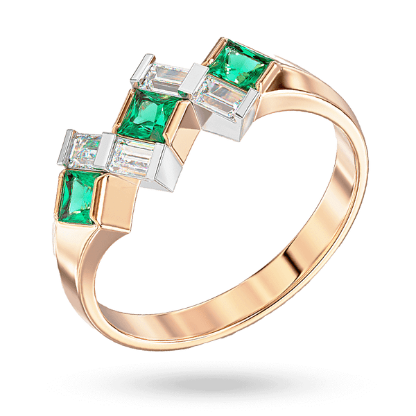 Комбинированное асимметричное кольцо с изумрудами и бриллиантами 041096 детальное изображение ювелирного изделия Золотые кольца с изумрудом