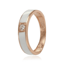 обзорное фото Золотое кольцо с белой эмалью и одним фианитом 028671  Обручальные кольца с цирконием