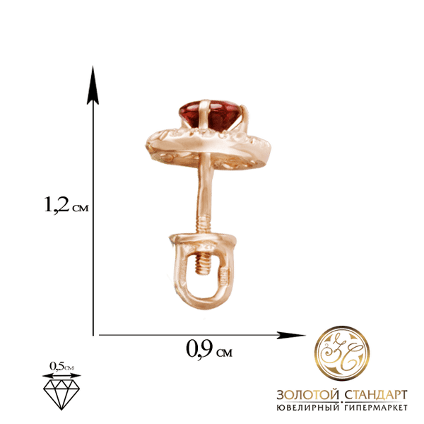 Золотые серьги гвоздики с красным гранатом Золотые серьги гвоздики с красным гранатом