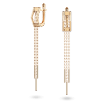 обзорное фото Золотые серьги с прямоугольной основы которой свисают цепочки с цилиндрическими подвесками 041007  Золотые серьги без вставок