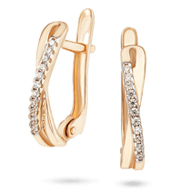 обзорное фото Золотые серьги в виде плавных изогнутых линий переплетающихся, одна из которых с фианитами 040525  Золотые серьги с фианитом
