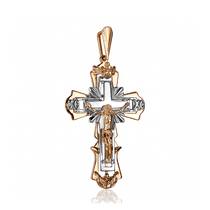 обзорное фото Золотой православный объемный крест с распятием в красном и белом золоте 031458 Крестики мужские обзорное фото Золотой православный объемный крест с распятием в красном и белом золоте 031458  Крестики мужские