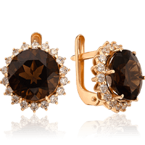 обзорное фото Золотые серьги с крупным дымчатым кварцем и фианитами 036443  Золотые серьги