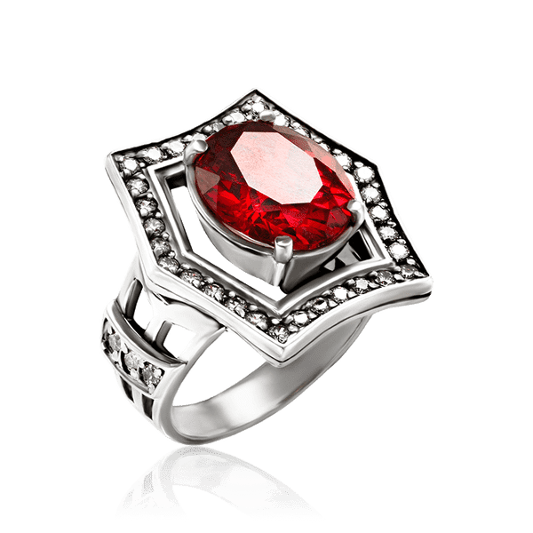 Кольцо из родированного серебра 925 пробы с красным фианитом 035037 детальное изображение ювелирного изделия Серебряные кольца Кольцо из родированного серебра 925 пробы с красным фианитом 035037 детальное изображение ювелирного изделия Серебряные кольца