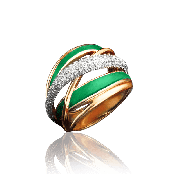 Масивна золота каблучка з зеленою емаллю і фіанітами 030821 детальне зображення ювелірного виробу Масивна золота каблучка з зеленою емаллю і фіанітами 030821 детальне зображення ювелірного виробу