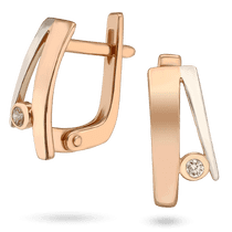 обзорное фото Комбинированные раздвоенные геометрические серьги с круглой вставкой и бриллиантом внутри нее 040714  Золотые серьги с бриллиантами