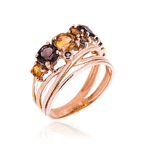 обзорное фото Золотое кольцо с дымчатым кварцем и цитрином Богема 032953 Золотые кольца с цитрином обзорное фото Золотое кольцо с дымчатым кварцем и цитрином Богема 032953  Золотые кольца с цитрином