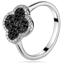 обзорное фото Женское серебряное кольцо с черно - белыми фианитами Клевера 039412  Серебряные кольца со вставками