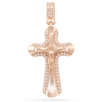 обзорное фото Золотой православный крест с фианитами и белой эмалью 039124  Золотые крестики православные