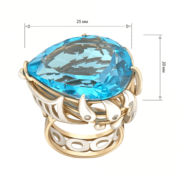 Золотое кольцо с голубым топазом органки груша и декором в форме стекающих капель украшеных бриллиантами