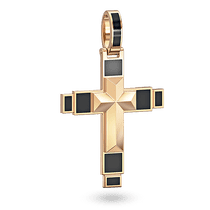обзорное фото Рельефная подвеска в форме креста, выполнена в геометрическом стиле со вставками черной эмали 040810  Декоративные золотые крестики