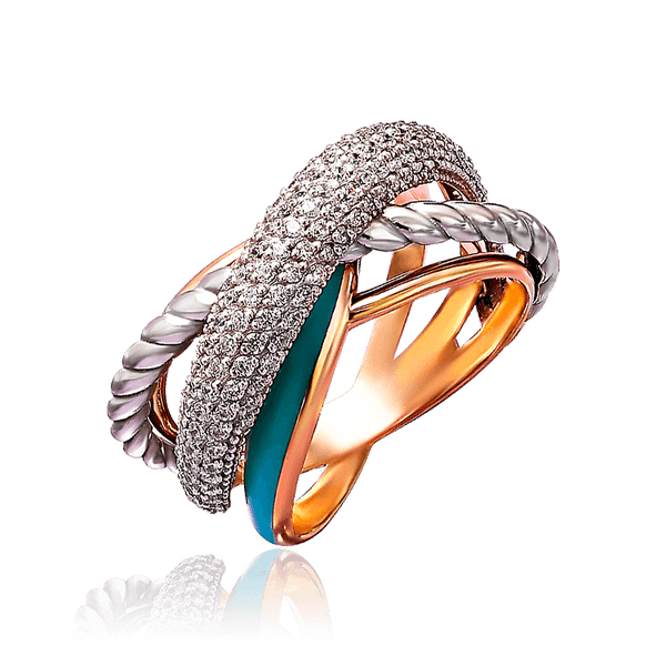 Кольцо из комбинированного золота с голубой эмалью и фианитами 030804 детальное изображение ювелирного изделия Золотые кольца