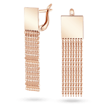 обзорное фото Золотые серьги в виде квадратной пластины, от которой плавно спадают тонкие длинные цепочки 040705  Золотые серьги без вставок