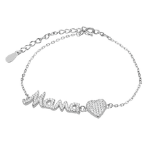 обзорное фото Серебряный и нежный браслет Мама с сердцем с белыми фианитами 925 пробы 039756 Серебряные женские браслеты обзорное фото Серебряный и нежный браслет Мама с сердцем с белыми фианитами 925 пробы 039756  Серебряные женские браслеты