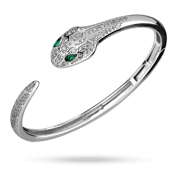 Серебряный жесткий браслет "Змея с зелеными глазами" с инкрустированными фианитами 040104 детальное изображение ювелирного изделия Серебряные женские браслеты