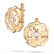 обзорное фото Золотые элегантные серьги в виде изящного цветка с большим фианитом в центре 040592  Золотые серьги с фианитом