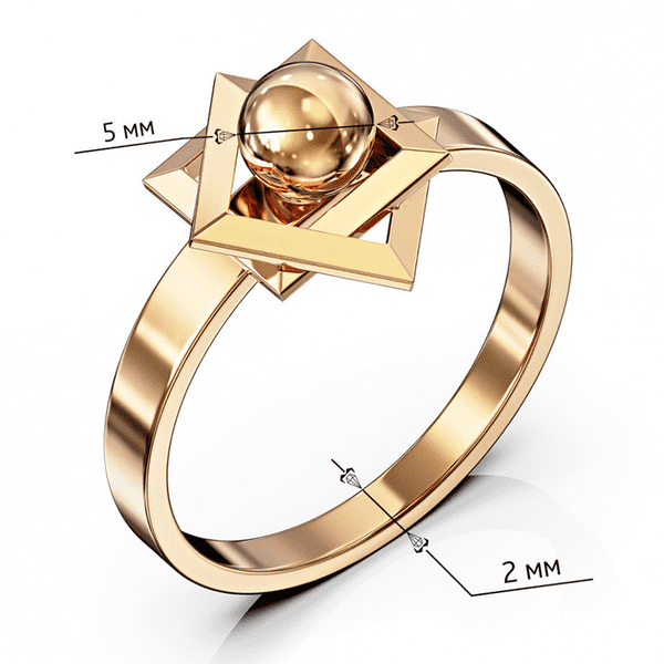 Золота каблучка геометричної форми, з кулькою та квадратами 040261 детальне зображення ювелірного виробу Золота каблучка геометричної форми, з кулькою та квадратами 040261 детальне зображення ювелірного виробу