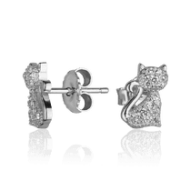 обзорное фото Серебряные серьги-гвоздики Котик с фианитами 027342  Серебряные серьги с камнями