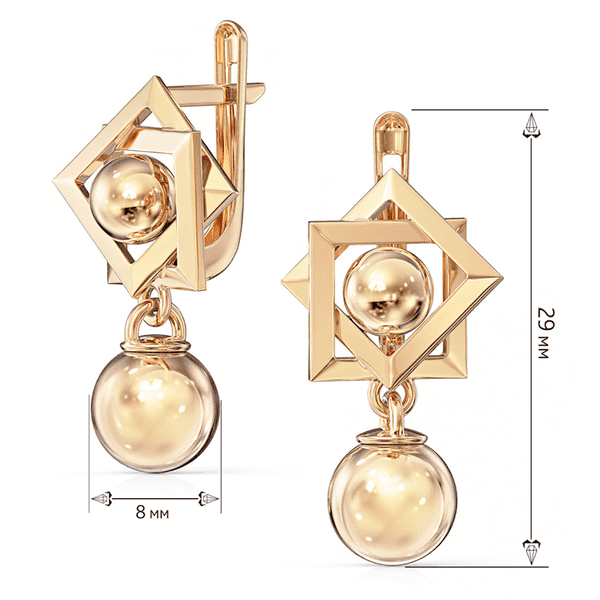 Золотые серьги из двух квадратных рамок под разными углами с шаром внутри и подвесным шариком на английском замке Золотые серьги из двух квадратных рамок под разными углами с шаром внутри и подвесным шариком на английском замке