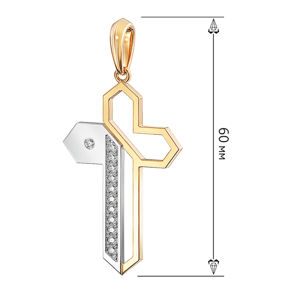 Крестик из комбинированного золота в геометрическом стиле, инкрустированный дорожкой фианитов