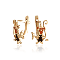 обзорное фото Золотые серьги с эмалью обезьянки 400227Е Золотые детские сережки обзорное фото Золотые серьги с эмалью обезьянки 400227Е  Золотые детские сережки