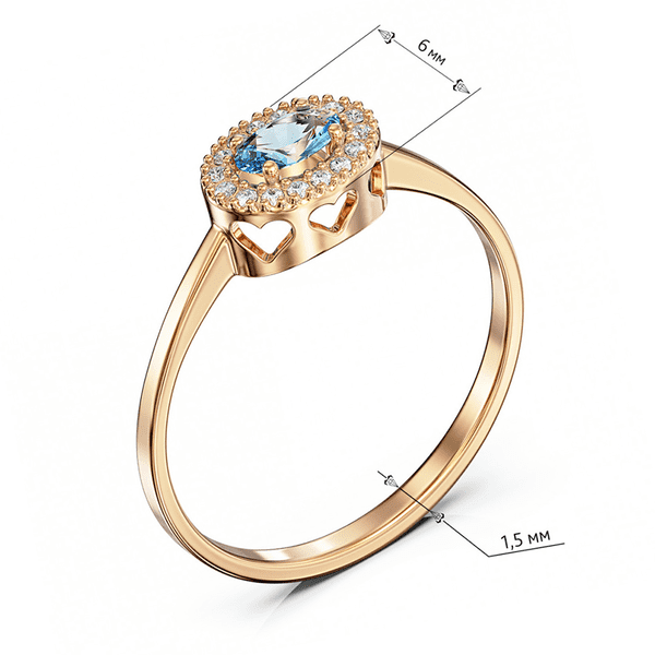 кольцо с голубым топазом и фианитами и вырезами в форме сердца