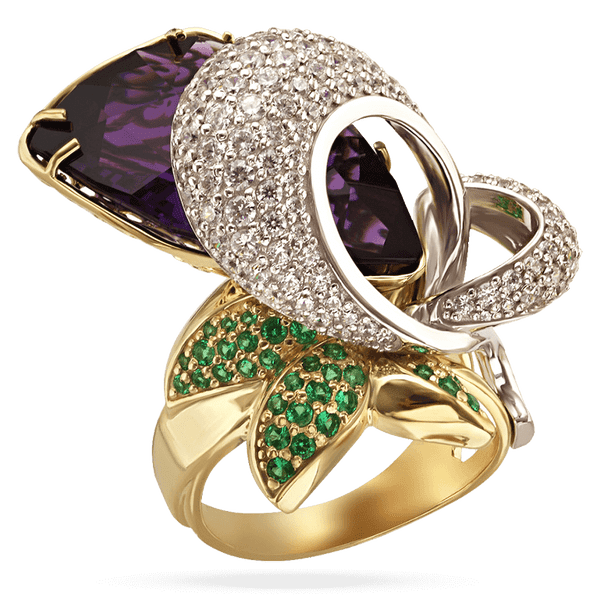 Роскошное кольцо из лимонного золота с аметистом и фианитами 036935 детальное изображение ювелирного изделия Золотые кольца Роскошное кольцо из лимонного золота с аметистом и фианитами 036935 детальное изображение ювелирного изделия Золотые кольца