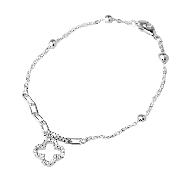 Серебряный браслет якорного плетения с шариками, звеньями и клевером, украшенным фианитами 040563 детальное изображение ювелирного изделия Серебряные женские браслеты