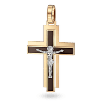 обзорное фото Крестик из комбинированного золота "Распятие" с черной эмалью и гравировкой «Спаси и Сохрани» 040873  Золотые крестики православные