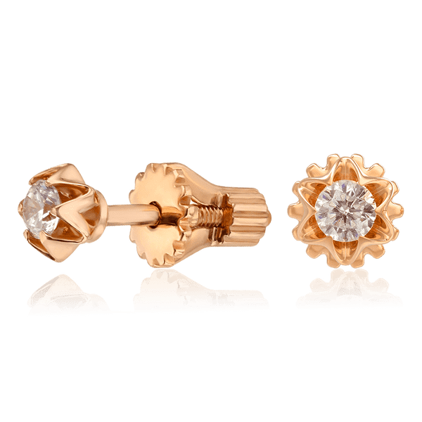 Золотые серьги пусеты винтовые с фианитом Цветок 034374 детальное изображение ювелирного изделия Золотые серьги