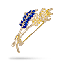 обзорное фото Серебряная патриотическая брошь-булавка Колоски с синими и желтыми фианитами 040565  Серебряные броши