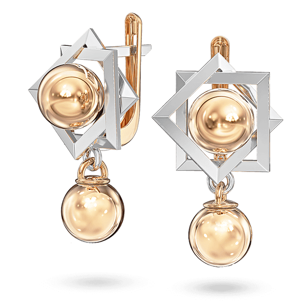 Комбинированные серьги с двумя белыми квадратными рамками под разными углами и шариками 040925 детальное изображение ювелирного изделия Золотые серьги без вставок Комбинированные серьги с двумя белыми квадратными рамками под разными углами и шариками 040925 детальное изображение ювелирного изделия Золотые серьги без вставок