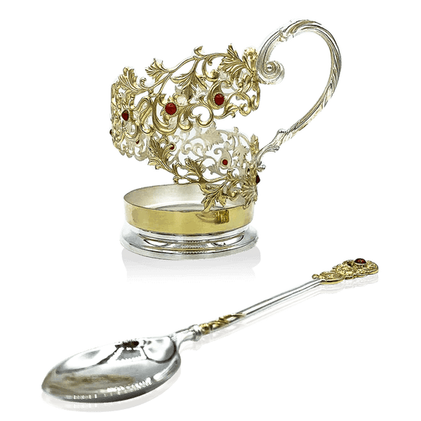 подстаканник и ложка с позолотой и кабошонами подстаканник и ложка с позолотой и кабошонами