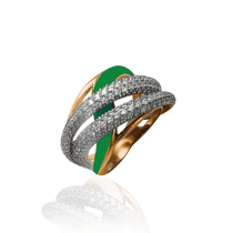 обзорное фото Золотое кольцо с россыпью фианитов и зеленой эмалью 030809 Эксклюзивные кольца из золота обзорное фото Золотое кольцо с россыпью фианитов и зеленой эмалью 030809  Эксклюзивные кольца из золота