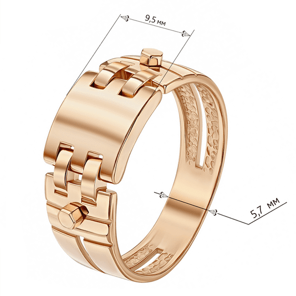 Золотое кольцо с массивной центральной частью и боковыми звеньями как у браслета для часов Золотое кольцо с массивной центральной частью и боковыми звеньями как у браслета для часов