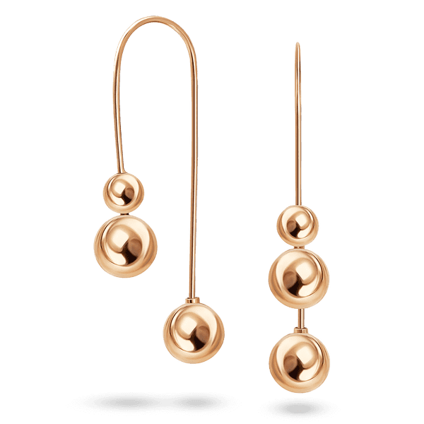 Золотые серьги-продевки с тремя гладкими зеркальными шариками разного размера 040767 детальное изображение ювелирного изделия Золотые серьги без вставок