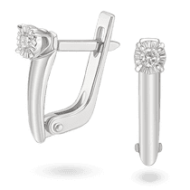 обзорное фото Элегантные серьги в белом золоте с бриллиантом круглой огранки на английской застежке 040868  Золотые серьги с бриллиантами