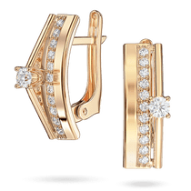 обзорное фото Золотые серьги с дорожкой фианитов и большим центральным фианитом на изящном подъеме 040611  Золотые серьги с фианитом