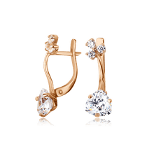 обзорное фото Золотые серьги с фианитом в форме веточки 594608  Золотые серьги с фианитом