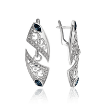 обзорное фото Серьги подвески в белом золоте с сапфирами и фианитами 035054  Золотые серьги