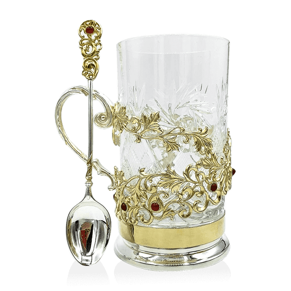 Серебряный набор подстаканник и ложка с позолотой и кабошонами 036360 детальное изображение ювелирного изделия Наборы столового серебра Серебряный набор подстаканник и ложка с позолотой и кабошонами 036360 детальное изображение ювелирного изделия Наборы столового серебра