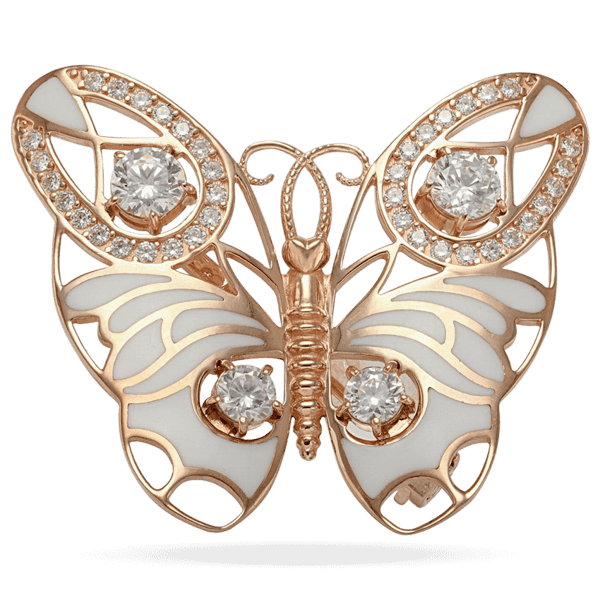 Золотая брошь Бабочка с белой эмалью и фианитами 031650 детальное изображение ювелирного изделия Золотые броши